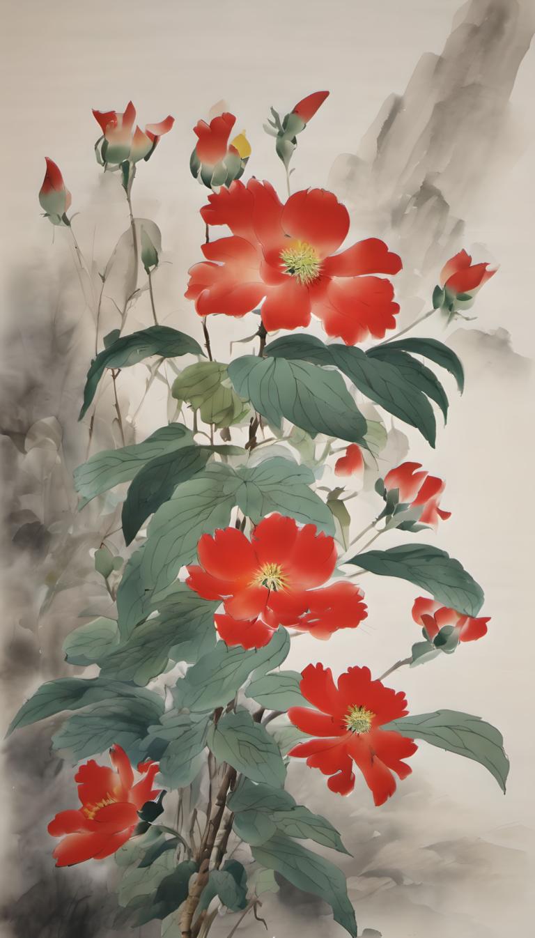 国画,国画, 自然, 花, 花, 叶子, 没有人类, 红花, 植物, 茶花, 风景