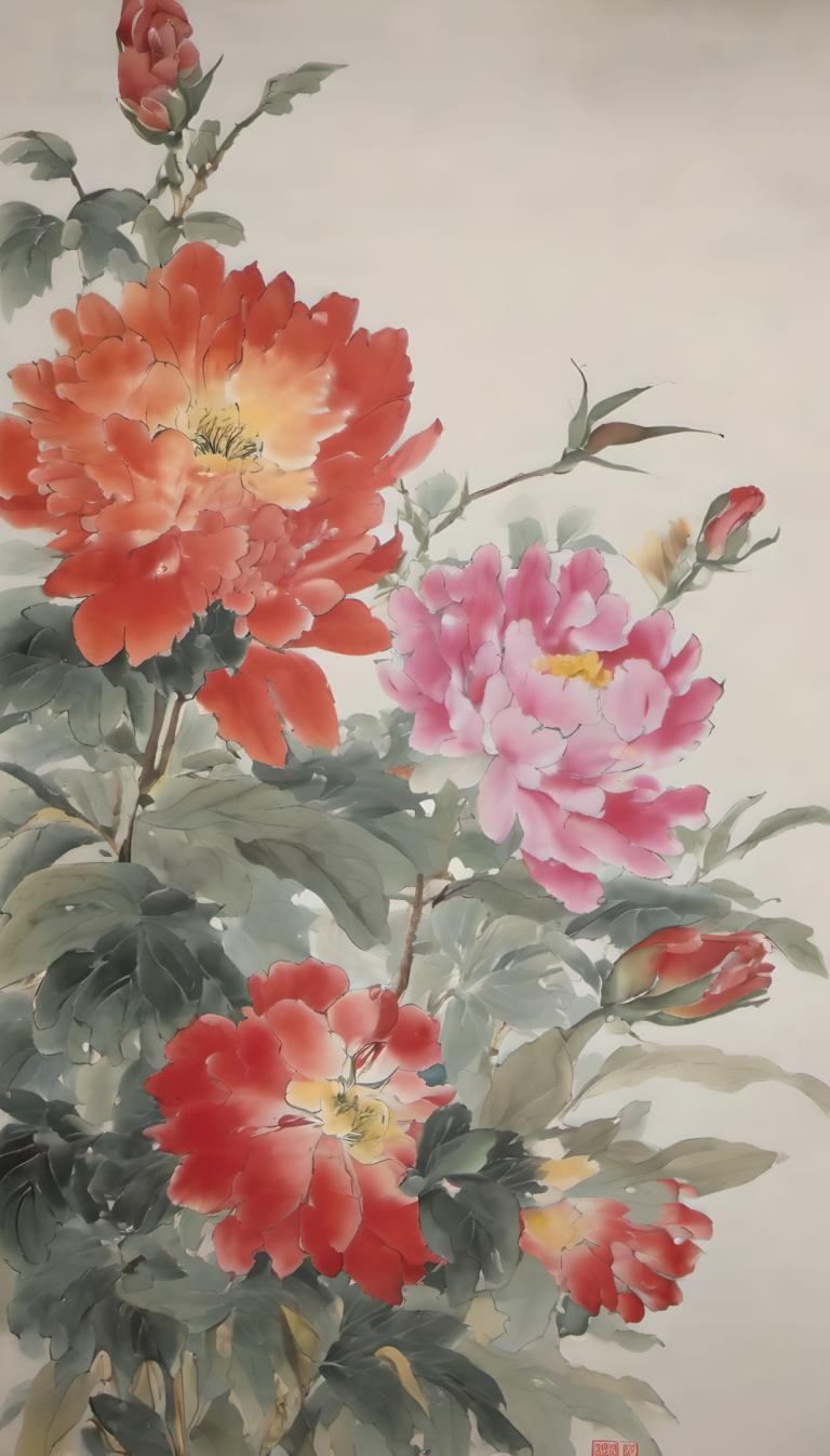 Chinese Paintings,Chinese Paintings, Nature, flowers, no humans, flower, still life, red flower, leaf