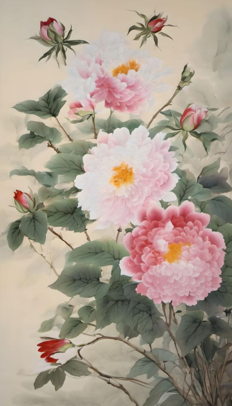 Chinese Paintings,Chinese Paintings, Nature, flowers, no humans, flower, still life, leaf, pink flower, plant