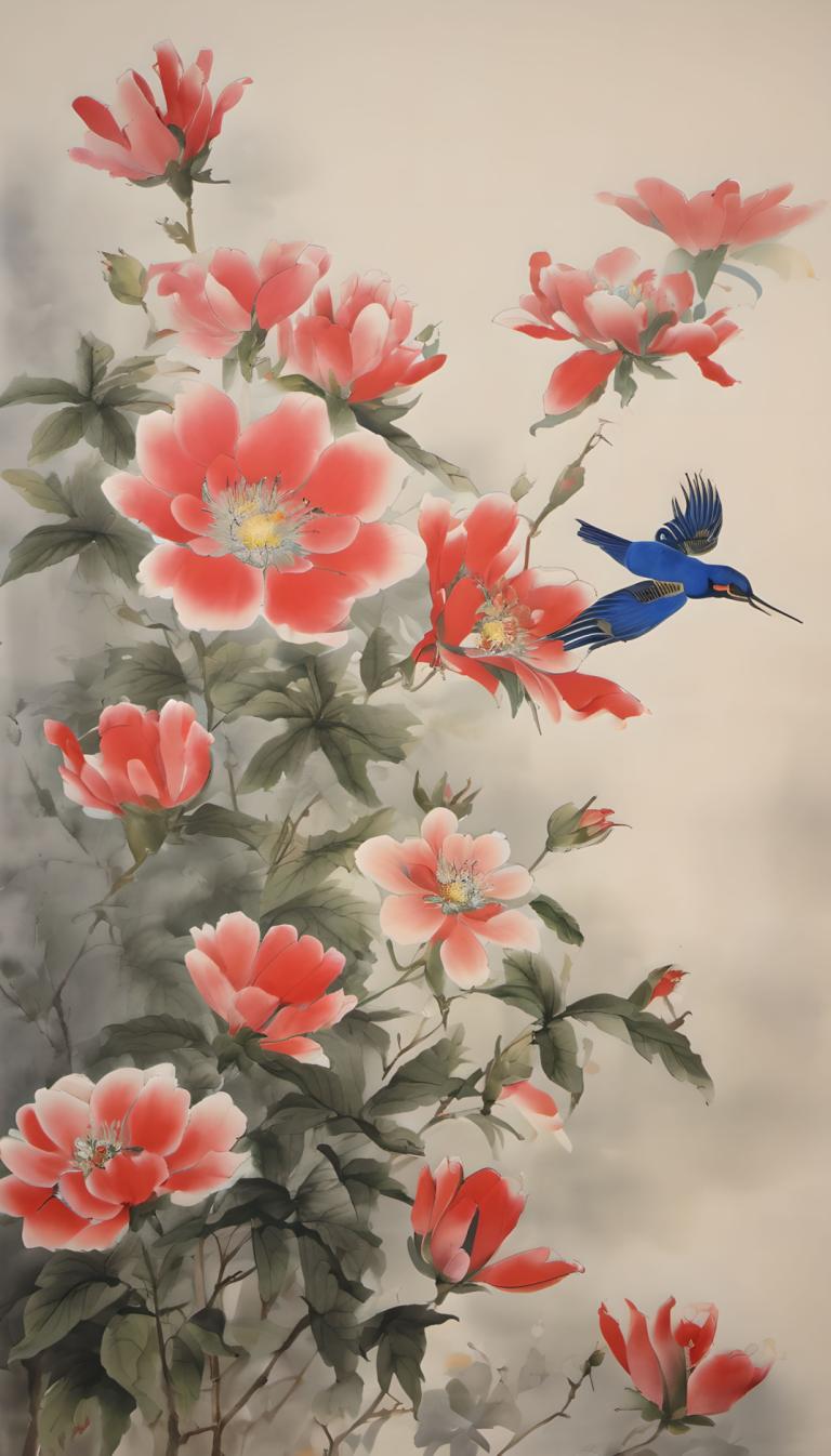 Chinese Paintings,Chinese Paintings, Nature, flowers, no humans, bird, flower, animal focus, leaf, red flower