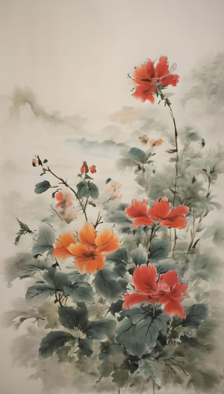 国画,国画, 自然, 花, 花, 没有人类, 红花, 叶子, 植物, 风景, 户外, 静物, 云