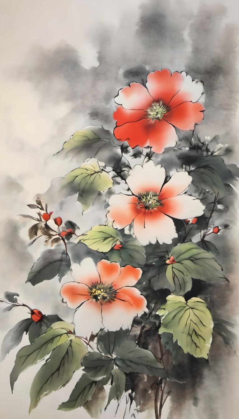 国画,国画, 自然, 花, 没有人类, 花, 叶子, 静物, 红花, 签名, 植物, 传统媒体