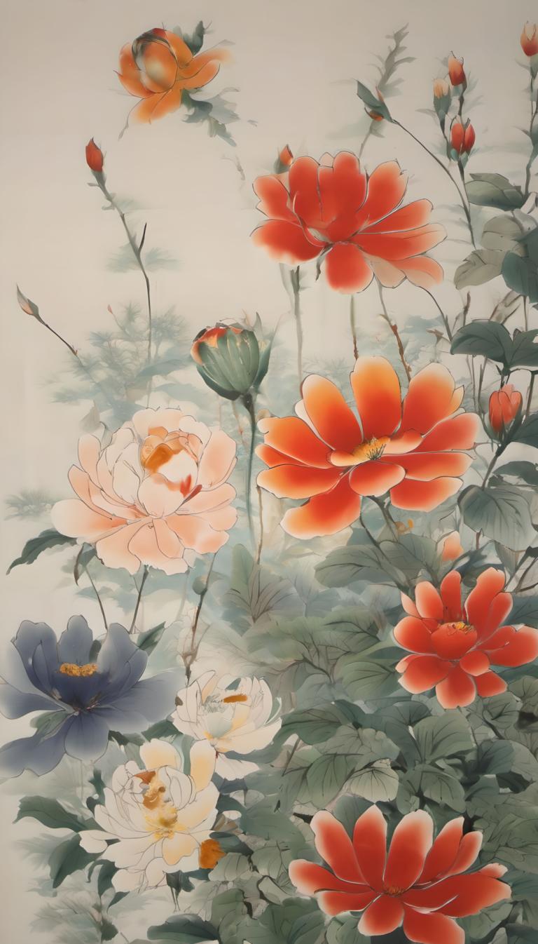 国画,国画, 自然, 花, 花, 没有人类, 红花, 叶子, 静物, 白色的花, 植物, 传统媒体