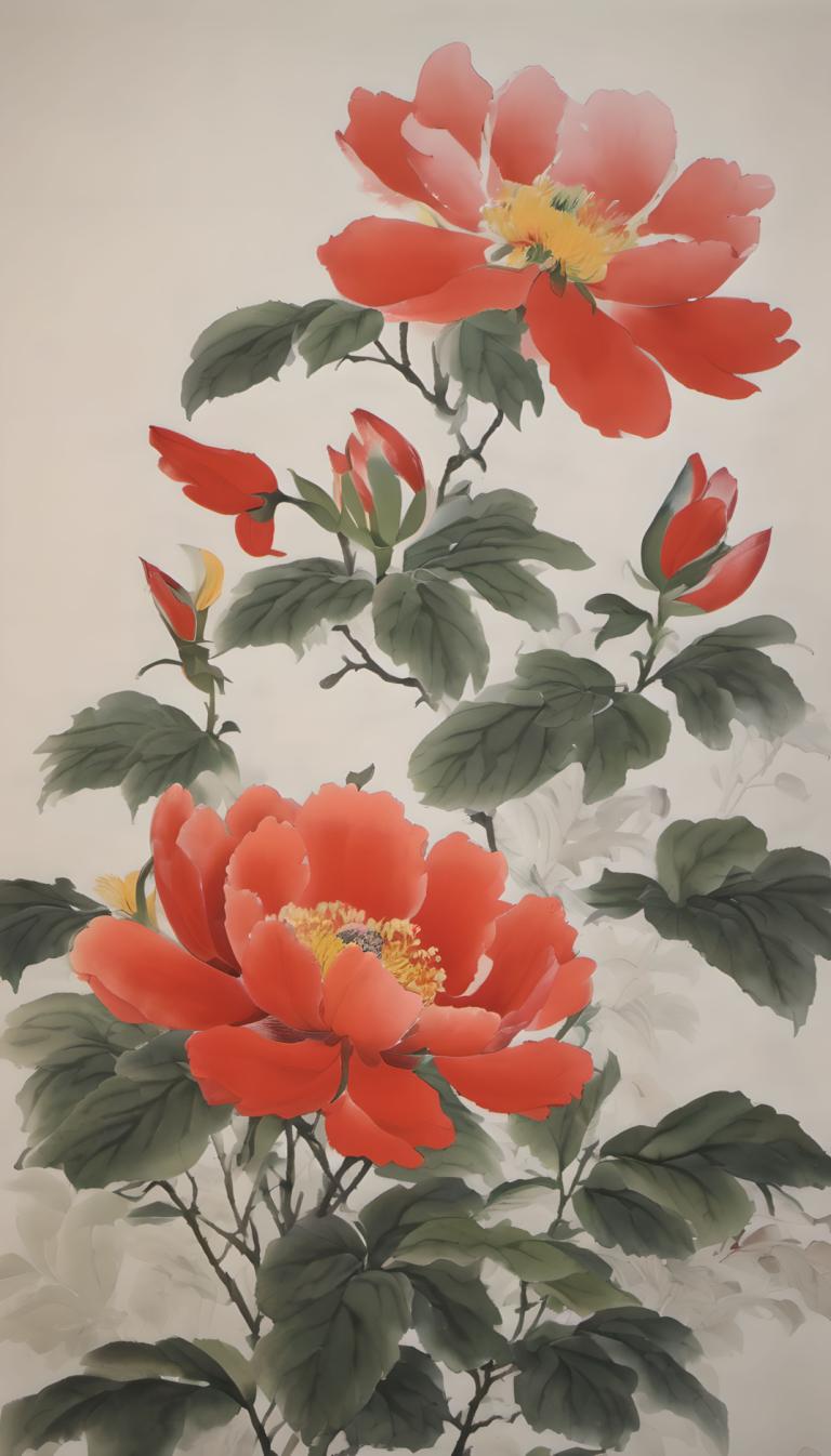 Chinese Paintings,Chinese Paintings, Nature, flowers, no humans, flower, leaf, still life, red flower