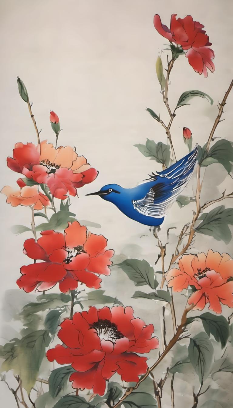 Chinese Paintings,Chinese Paintings, Nature, flowers, no humans, flower, bird, animal focus, red flower, leaf