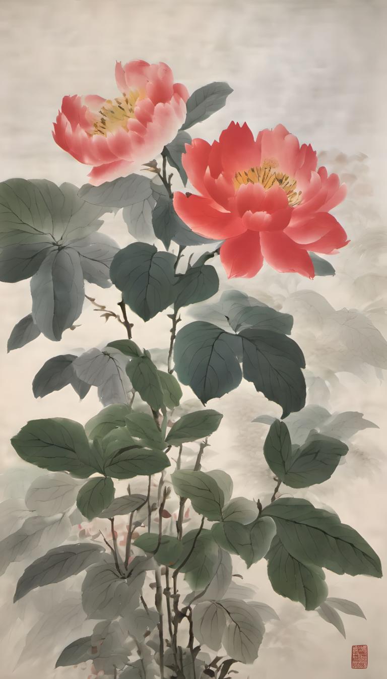 Chinese Paintings,Chinese Paintings, Nature, flowers, no humans, flower, leaf, still life, signature, scenery