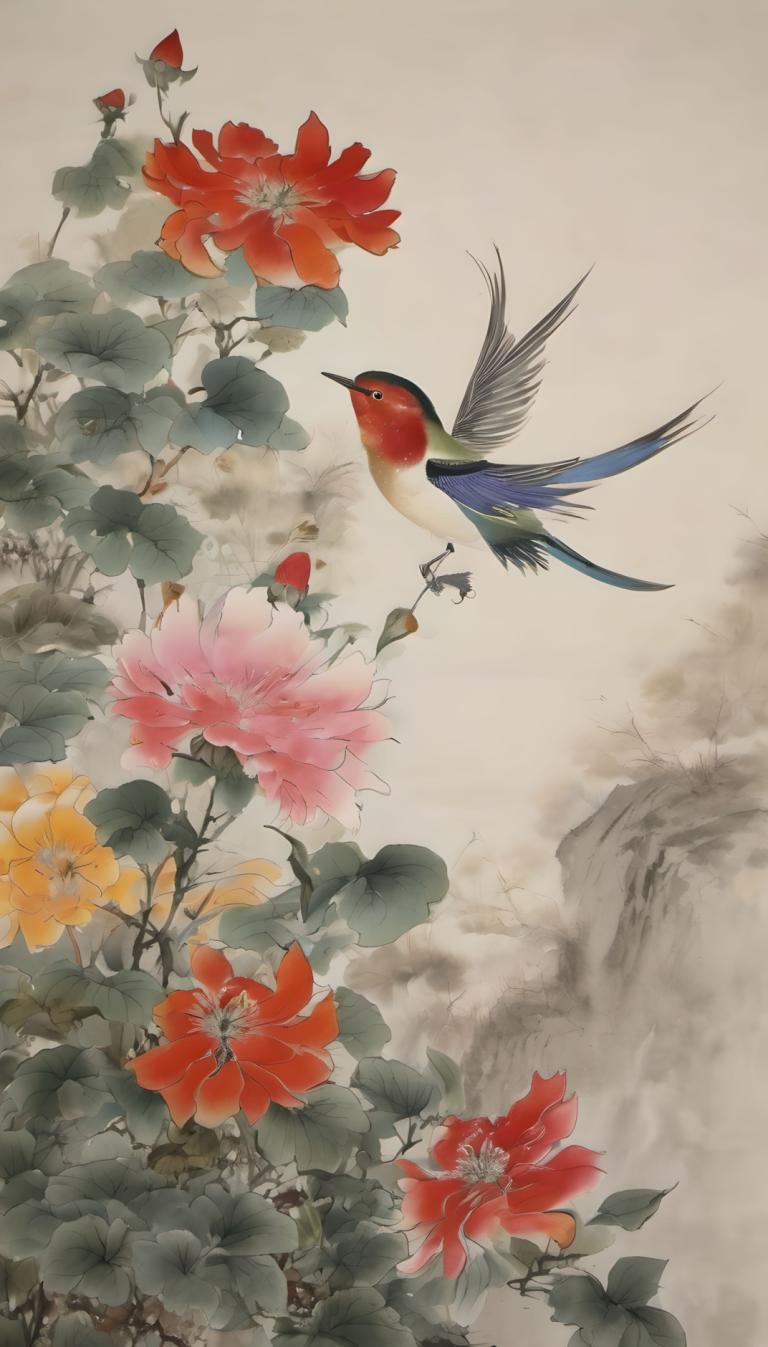 Chinese Paintings,Chinese Paintings, Nature, flowers, no humans, bird, flower, animal focus, red flower