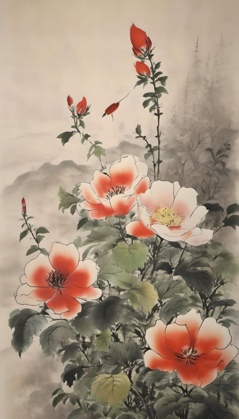 Chinese Paintings,Chinese Paintings, Nature, flowers, flower, no humans, leaf, scenery, red flower, plant