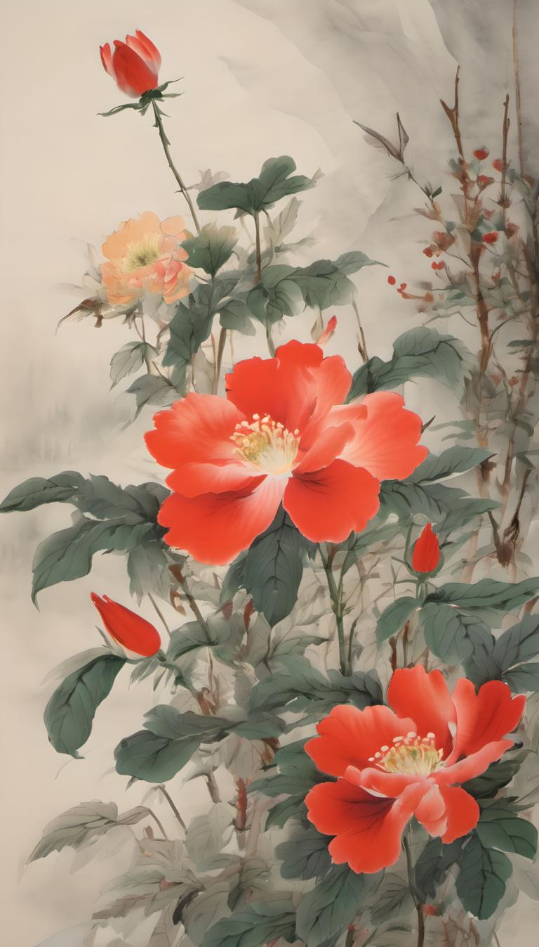 Chinese Paintings,Chinese Paintings, Nature, flowers, no humans, flower, red flower, leaf, still life, branch