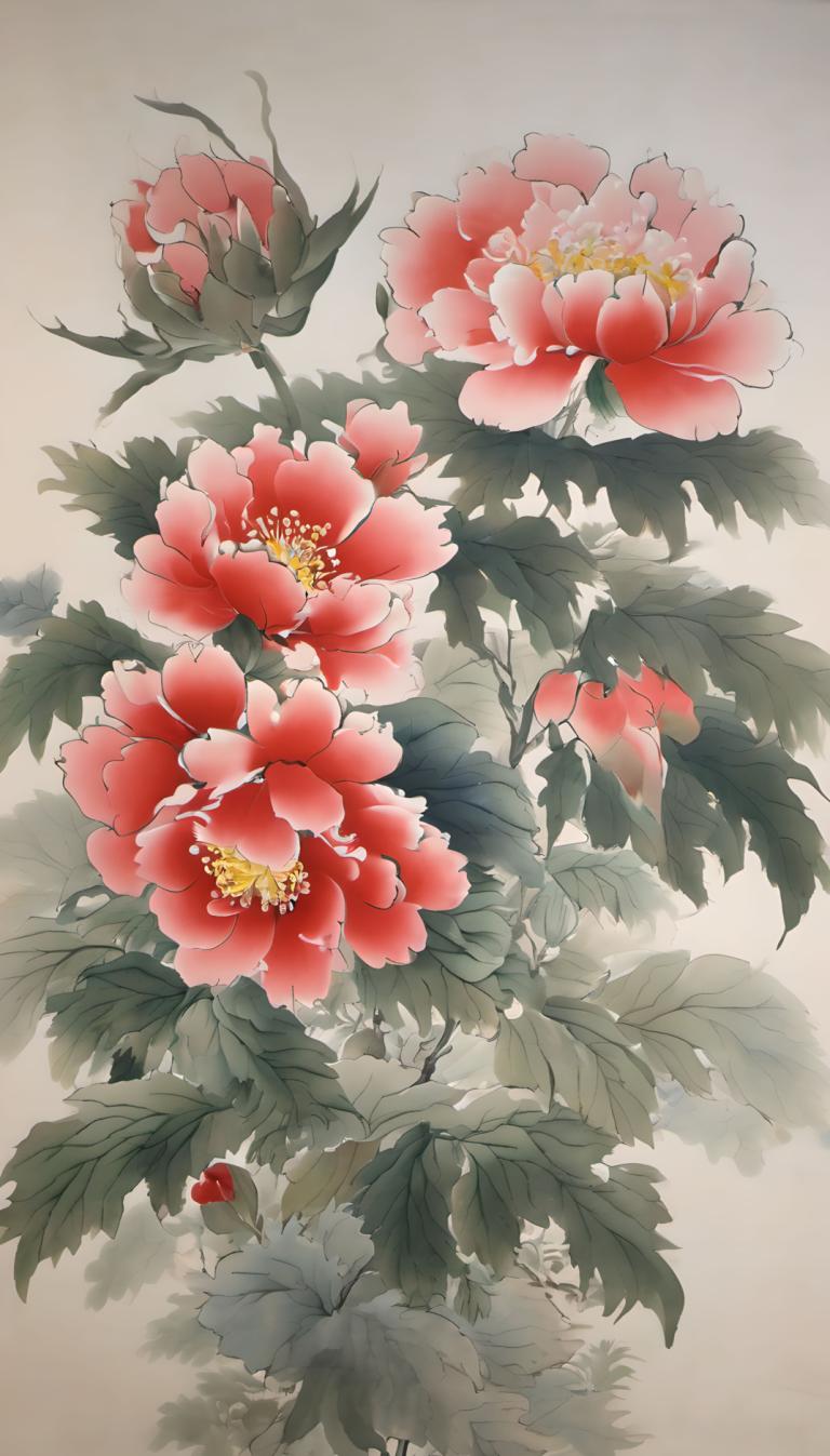 Chinese Paintings,Chinese Paintings, Nature, flowers, no humans, flower, leaf, red flower, signature