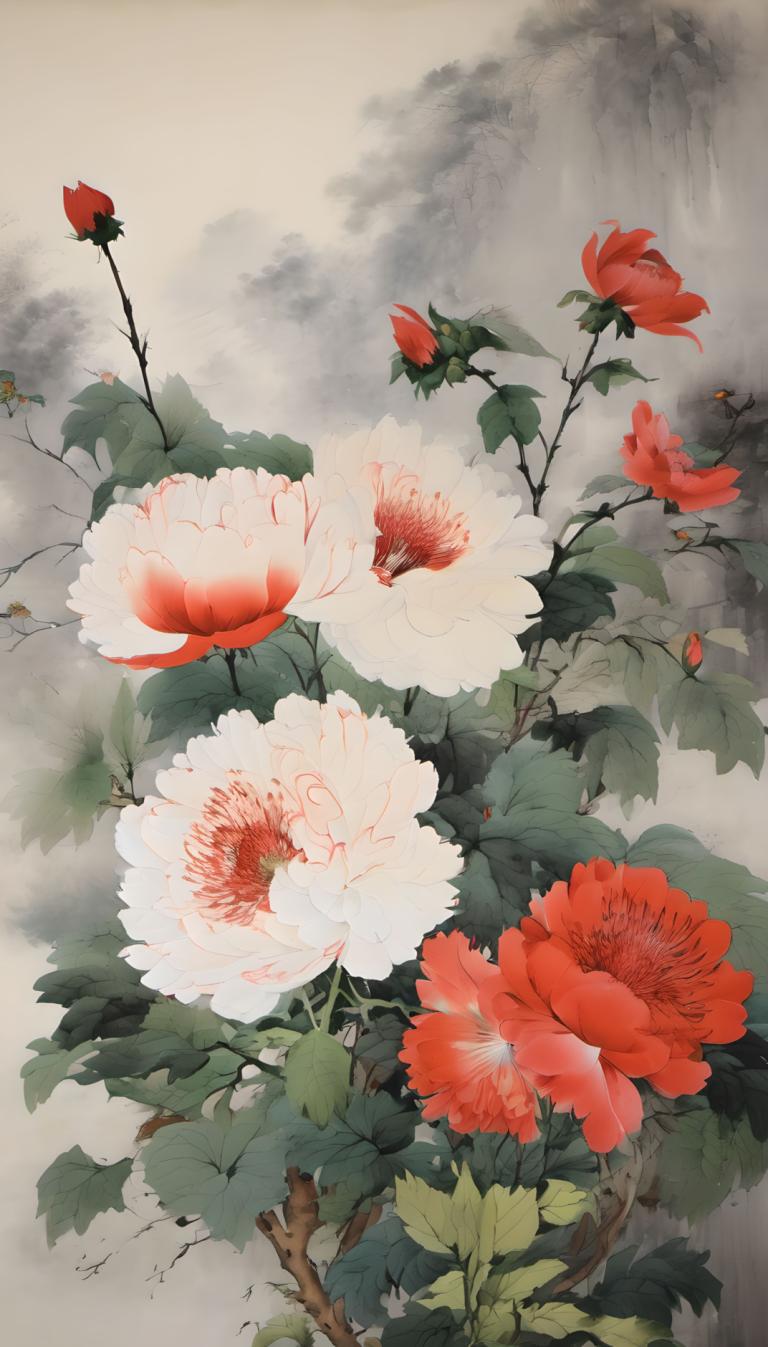 Chinese Paintings,Chinese Paintings, Nature, flowers, flower, no humans, leaf, red flower, white flower