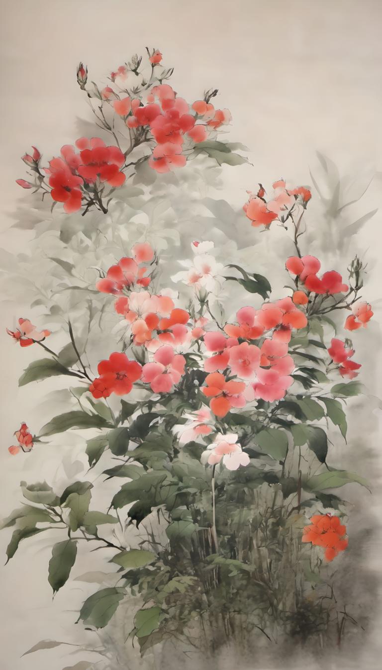 Chinese Paintings,Chinese Paintings, Nature, flowers, no humans, flower, red flower, leaf, plant, scenery