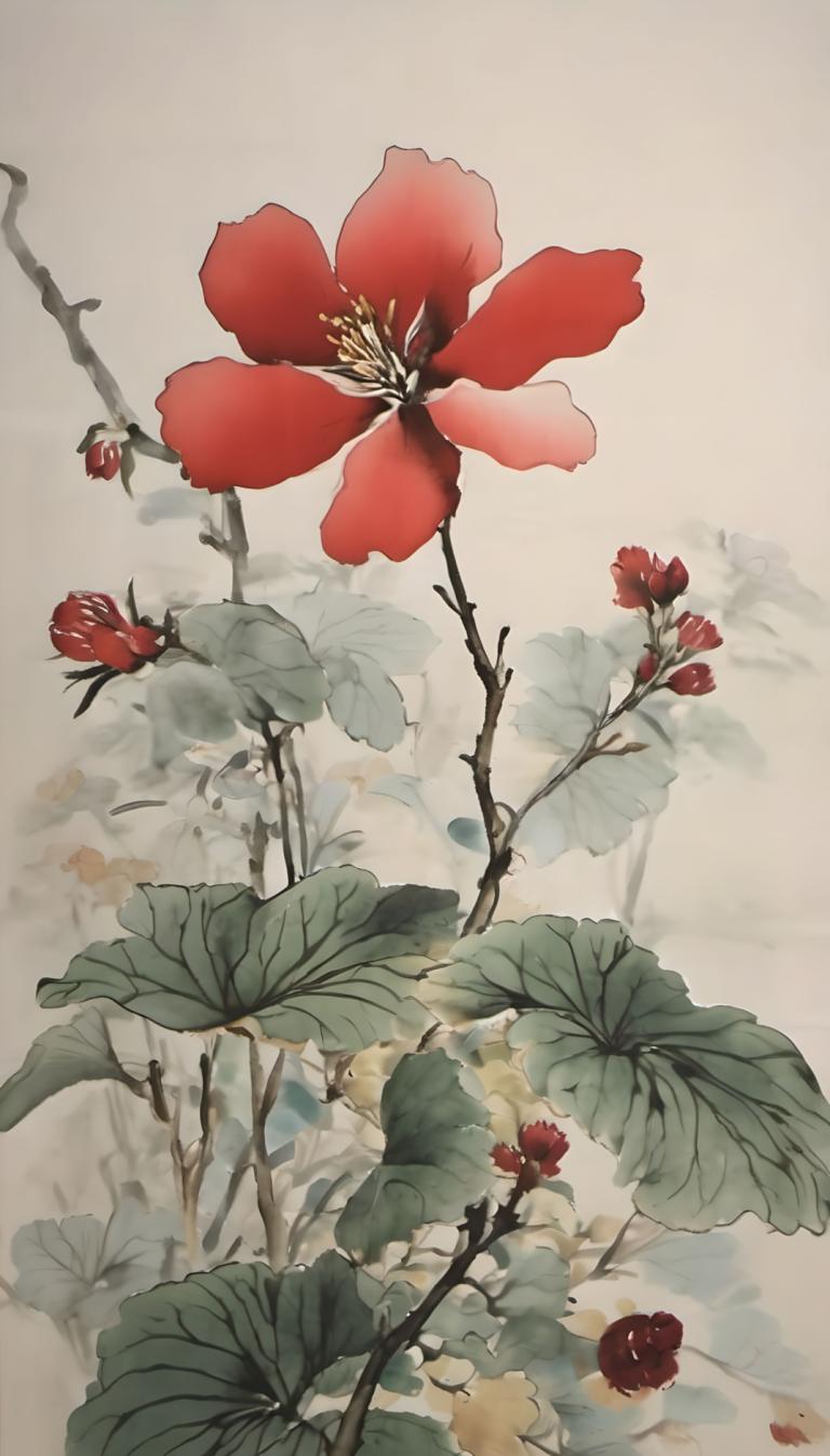 Chinese Paintings,Chinese Paintings, Nature, flowers, no humans, flower, still life, leaf, red flower