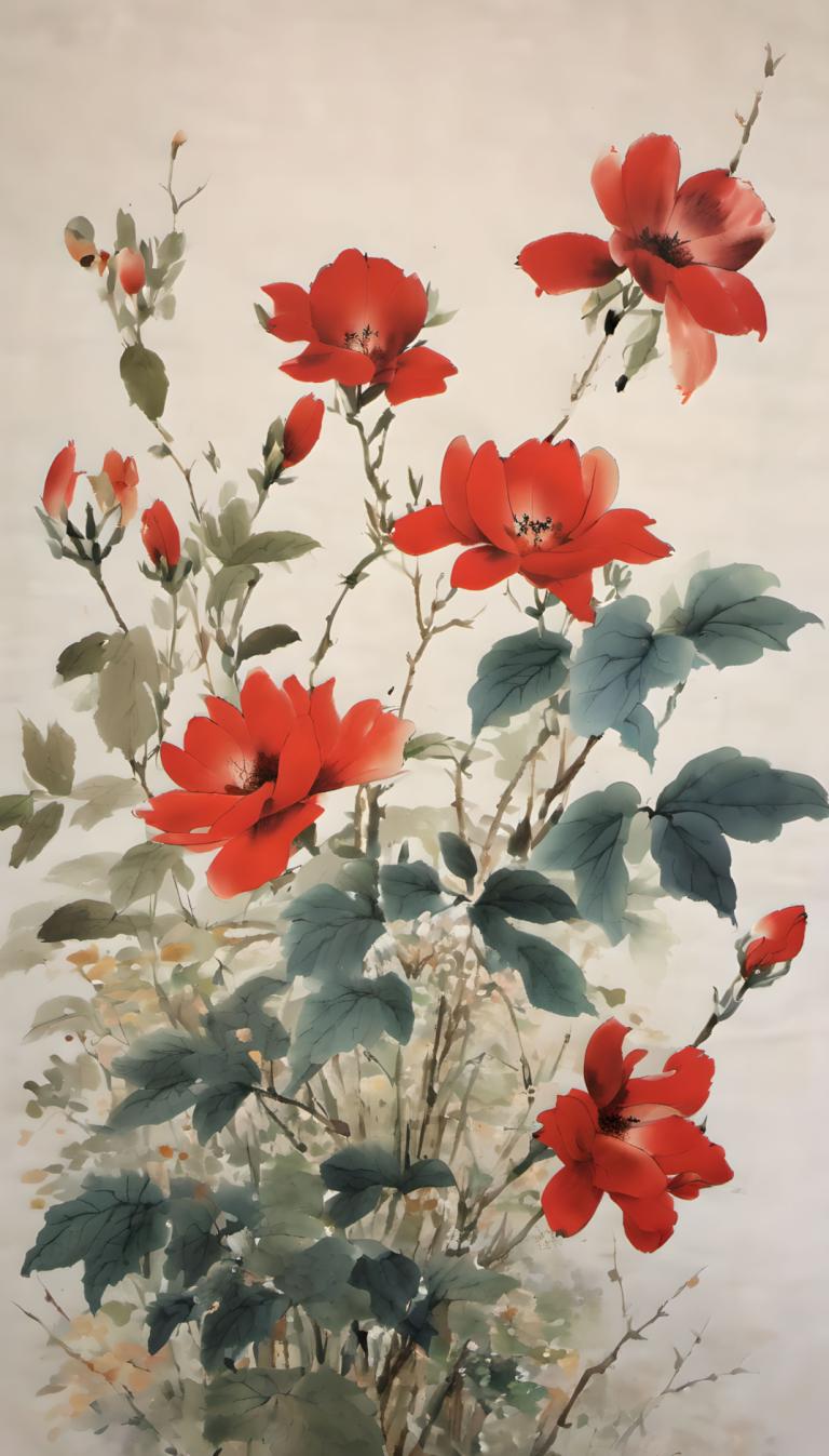 Chinese Paintings,Chinese Paintings, Nature, flowers, no humans, flower, red flower, leaf, still life, plant