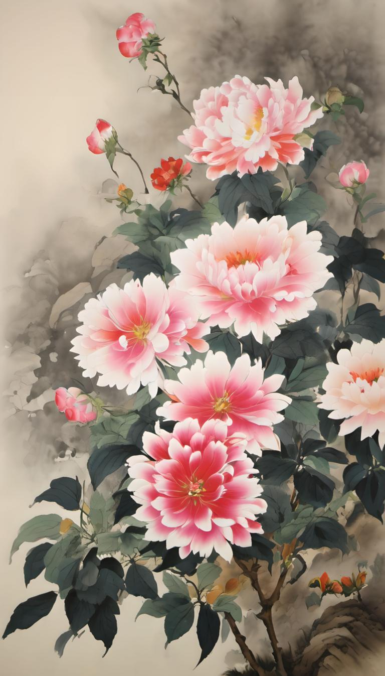 Chinese Paintings,Chinese Paintings, Nature, flowers, no humans, flower, pink flower, leaf, still life, plant