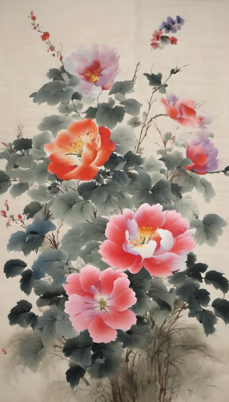 Chinese Paintings,Chinese Paintings, Nature, flowers, no humans, flower, still life, leaf, red flower, plant