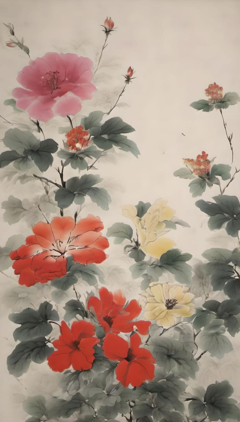 Chinese Paintings,Chinese Paintings, Nature, flowers, flower, no humans, still life, leaf, red flower, plant