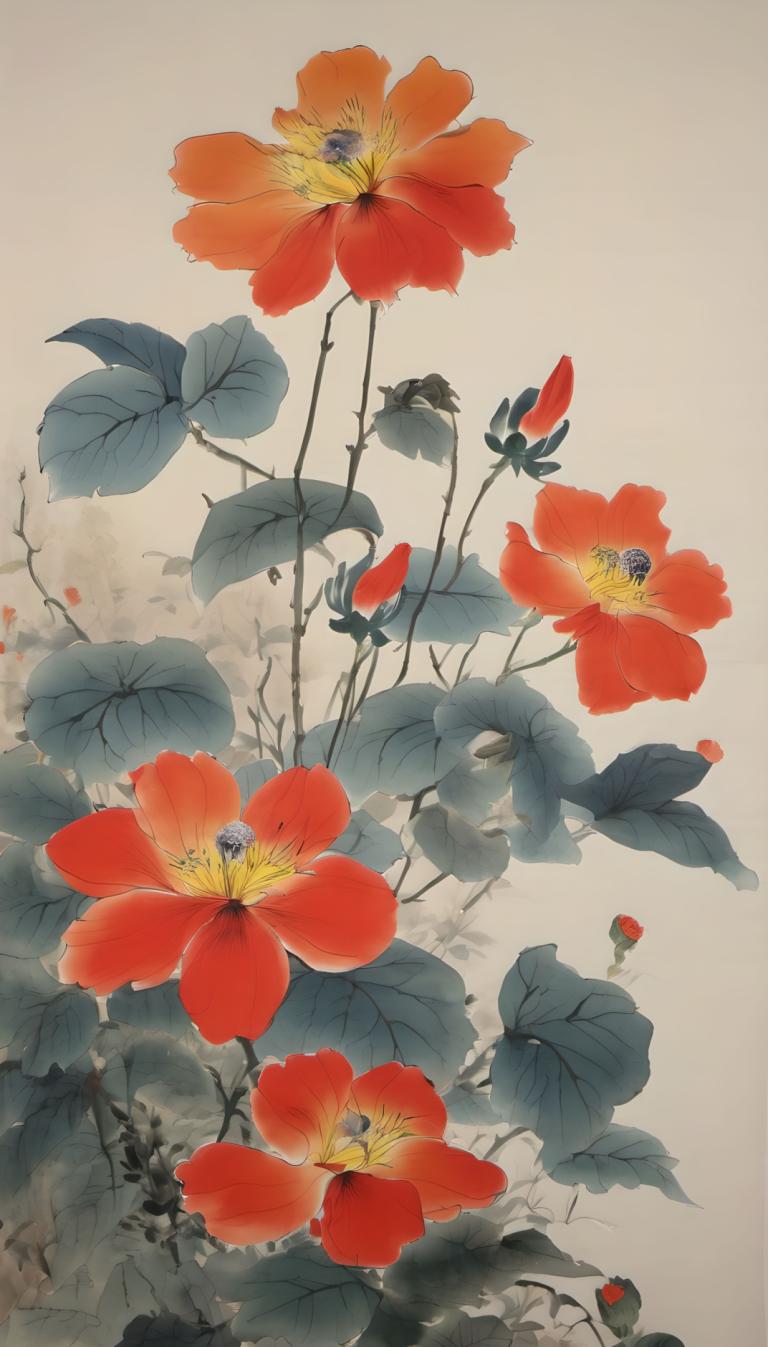 Chinese Paintings,Chinese Paintings, Nature, flowers, no humans, flower, red flower, leaf, plant, still life