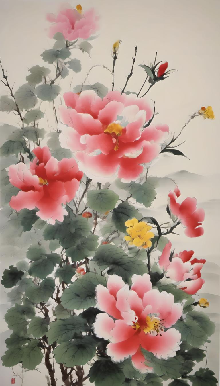 Chinese Paintings,Chinese Paintings, Nature, flowers, no humans, flower, leaf, pink flower, scenery, tree