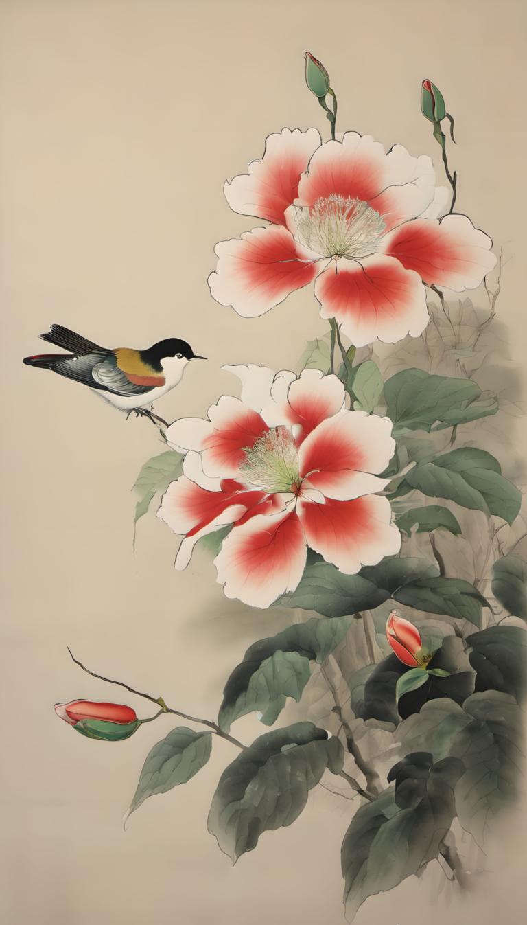 Chinese Paintings,Chinese Paintings, Nature, flowers, no humans, bird, flower, animal focus, leaf