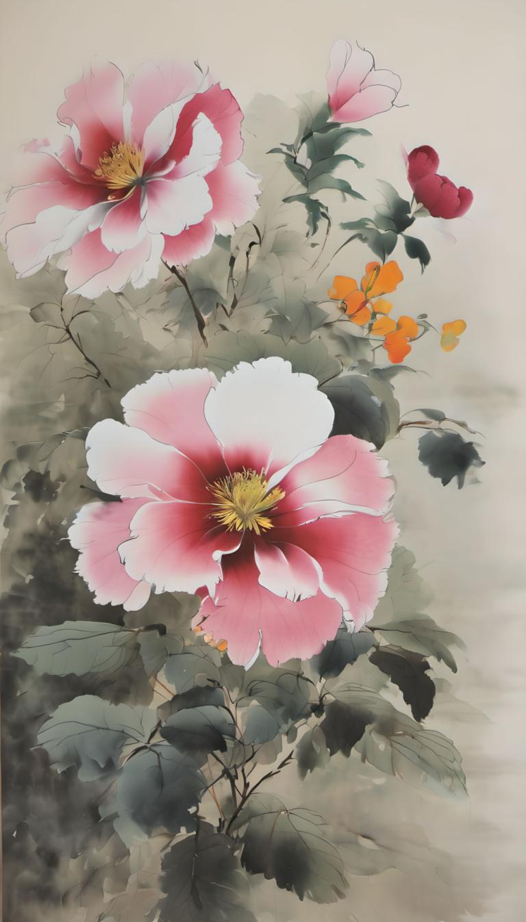 Chinese Paintings,Chinese Paintings, Nature, flowers, no humans, flower, still life, leaf, pink flower, plant