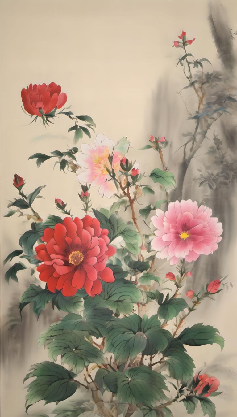 Chinese Paintings,Chinese Paintings, Nature, flowers, no humans, flower, leaf, tree, red flower, scenery