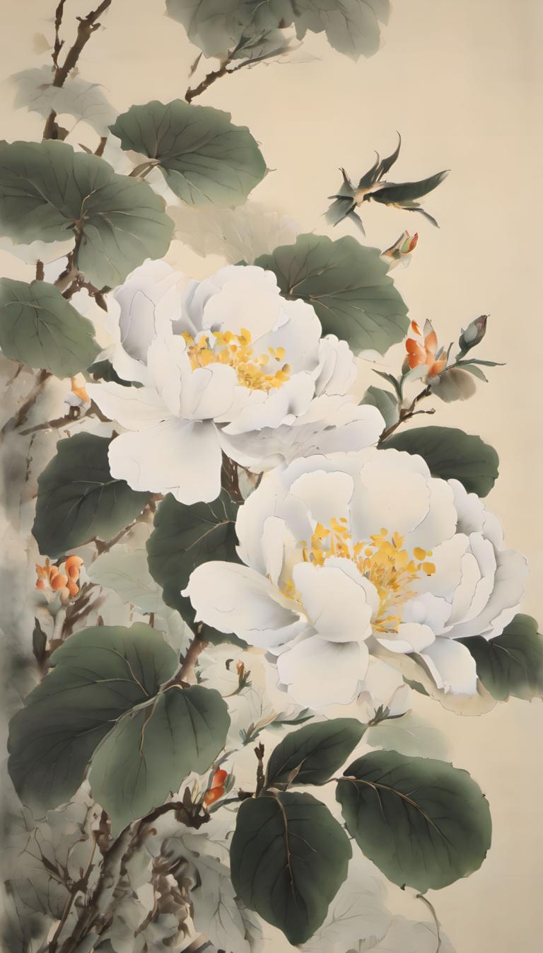 Chinese Paintings,Chinese Paintings, Nature, flowers, flower, no humans, leaf, white flower, branch, tree