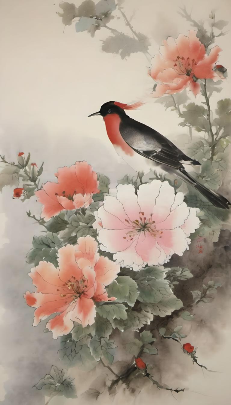 Chinese Paintings,Chinese Paintings, Nature, flowers, no humans, bird, flower, animal focus, branch, leaf