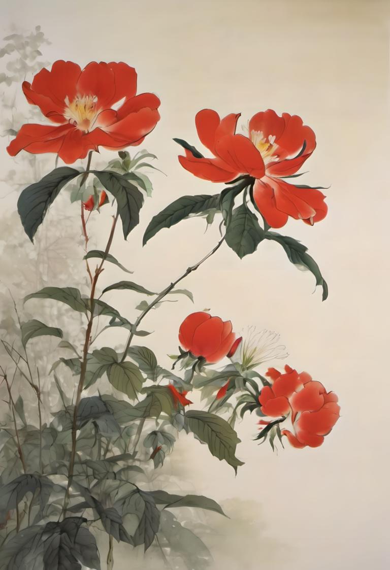 Chinese Paintings,Chinese Paintings, Nature, flowers, no humans, flower, leaf, still life, red flower, plant