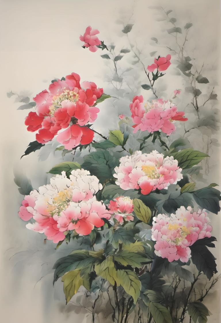 Dipinti cinesi,Dipinti cinesi, Natura, fiori, nessun essere umano, fiore, foglia, natura morta, fiore rosa