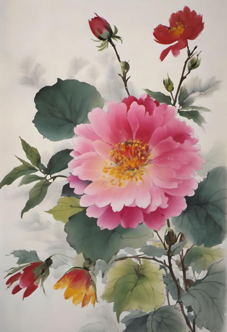 Chinese Paintings,Chinese Paintings, Nature, flowers, no humans, flower, still life, leaf, grey background