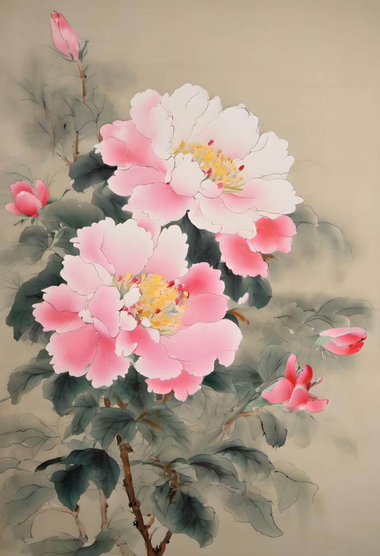 Chinese Paintings,Chinese Paintings, Nature, flowers, no humans, flower, still life, pink flower, leaf, plant