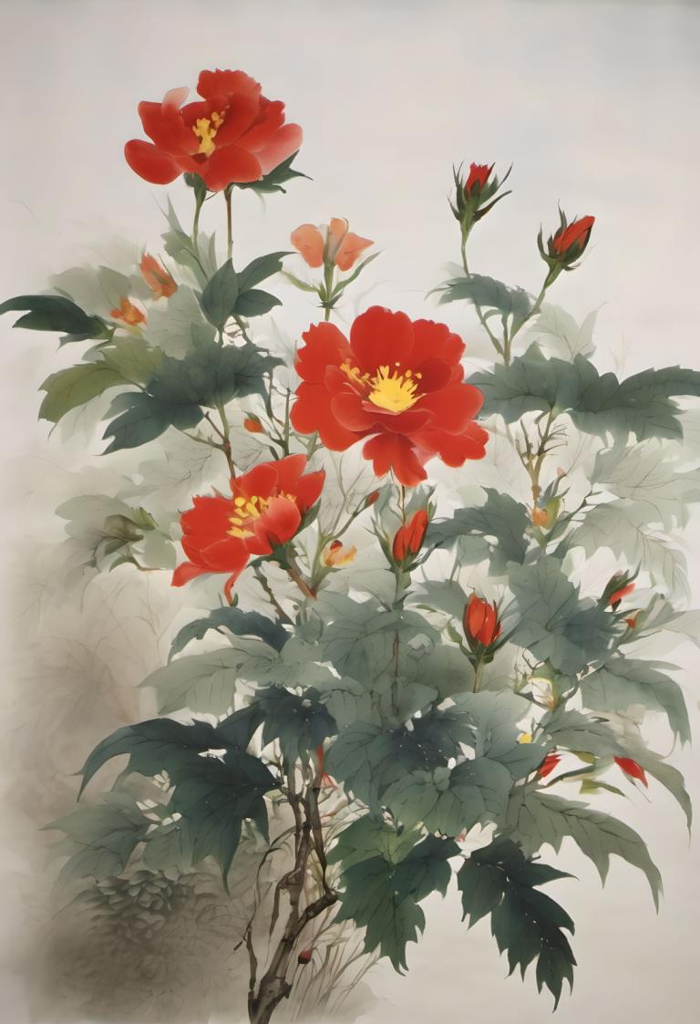 Chinesische Gemälde,Chinesische Gemälde, Natur, Blumen, keine Menschen, Blume, rote Blume, Stillleben, Blatt