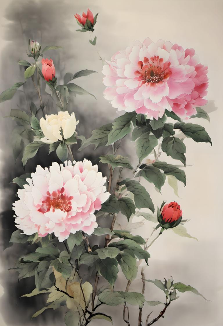 Chinese Paintings,Chinese Paintings, Nature, flowers, no humans, flower, still life, leaf, pink flower, plant