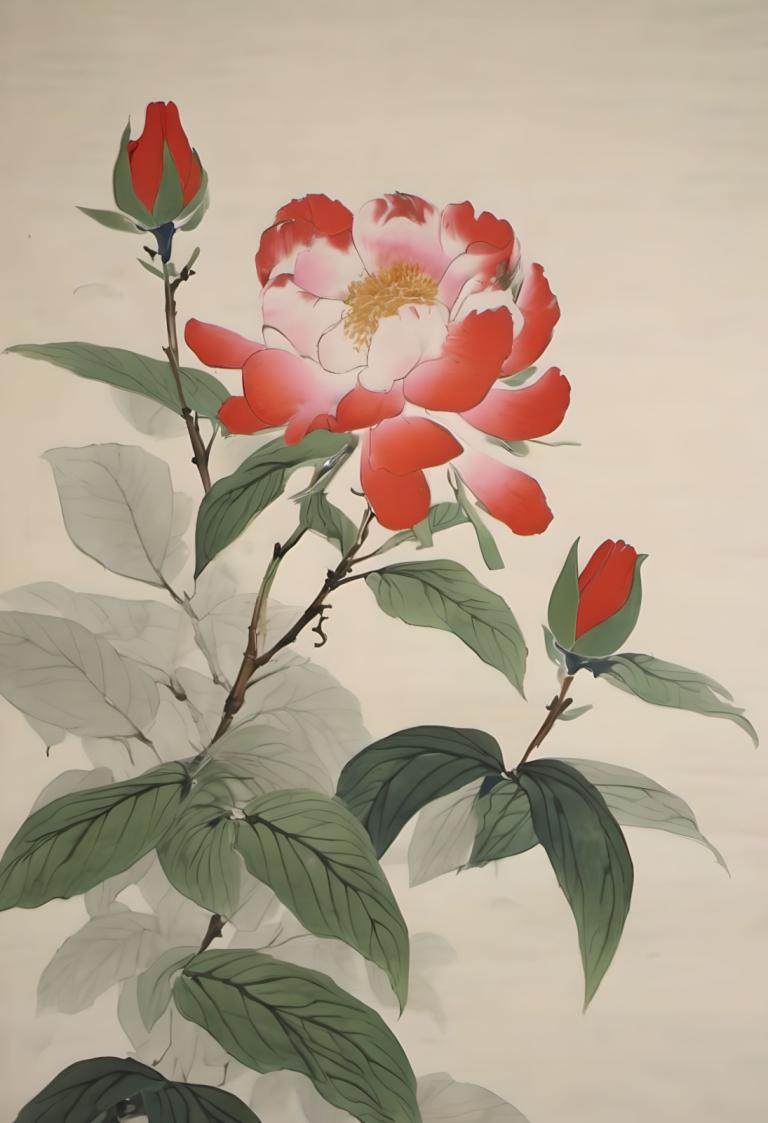 Chinese Paintings,Chinese Paintings, Nature, flowers, no humans, flower, still life, leaf, plant, red flower