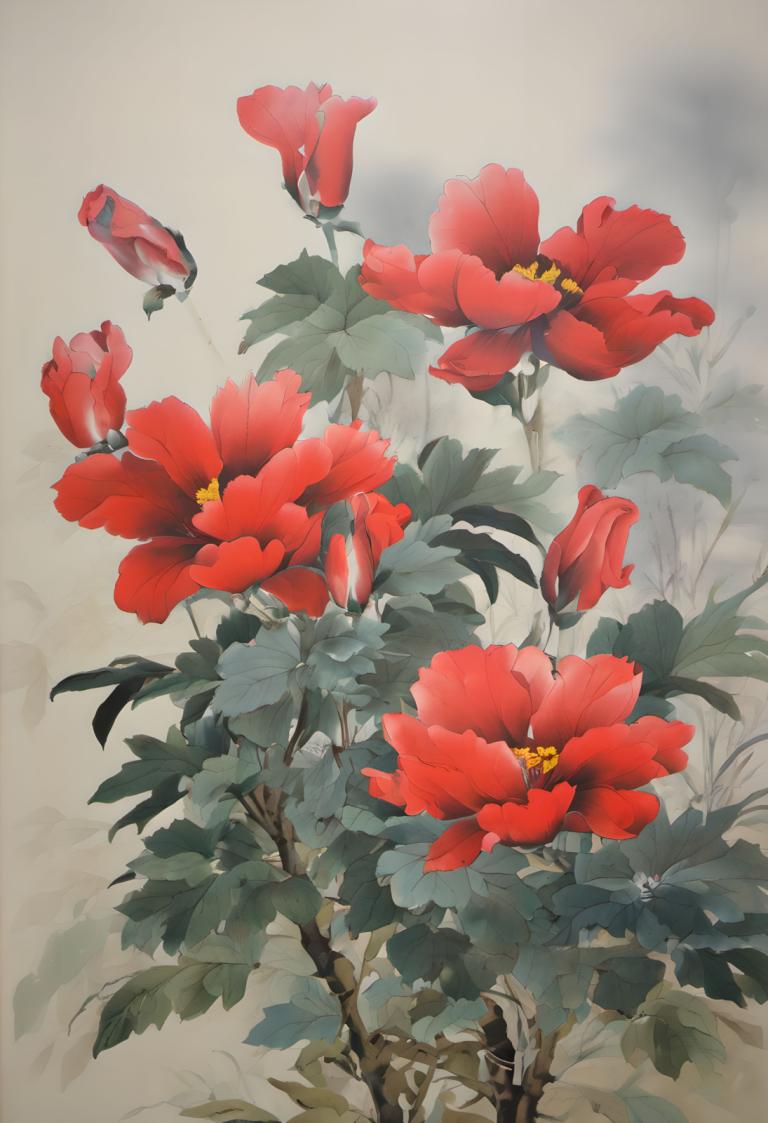 Chinese Paintings,Chinese Paintings, Nature, flowers, no humans, flower, red flower, still life, leaf, plant