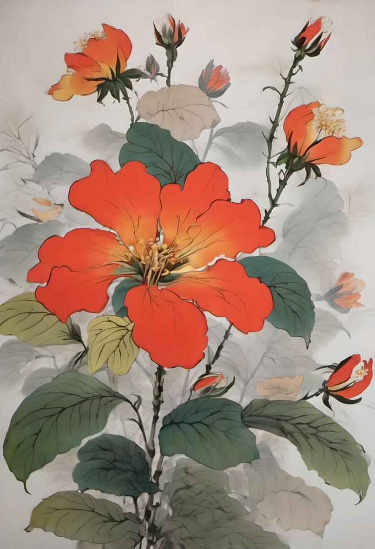 Chinese Paintings,Chinese Paintings, Nature, flowers, flower, no humans, leaf, red flower, still life, plant