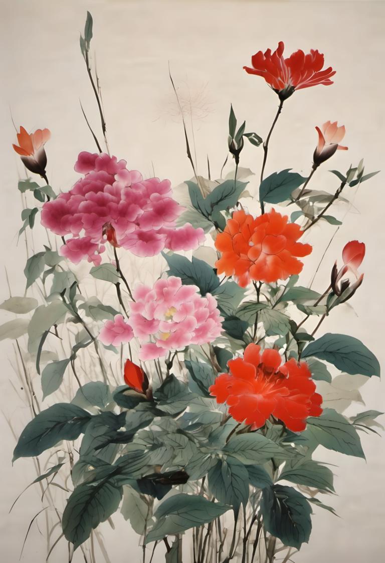 Chinese Paintings,Chinese Paintings, Nature, flowers, flower, no humans, leaf, red flower, still life