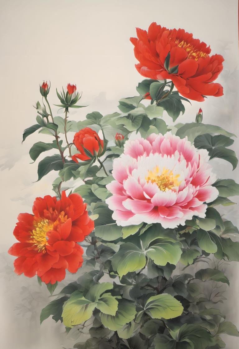 Chinese Paintings,Chinese Paintings, Nature, flowers, flower, no humans, red flower, leaf, still life