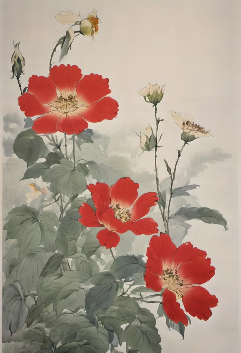 Chinese Paintings,Chinese Paintings, Nature, flowers, no humans, flower, still life, leaf, red flower