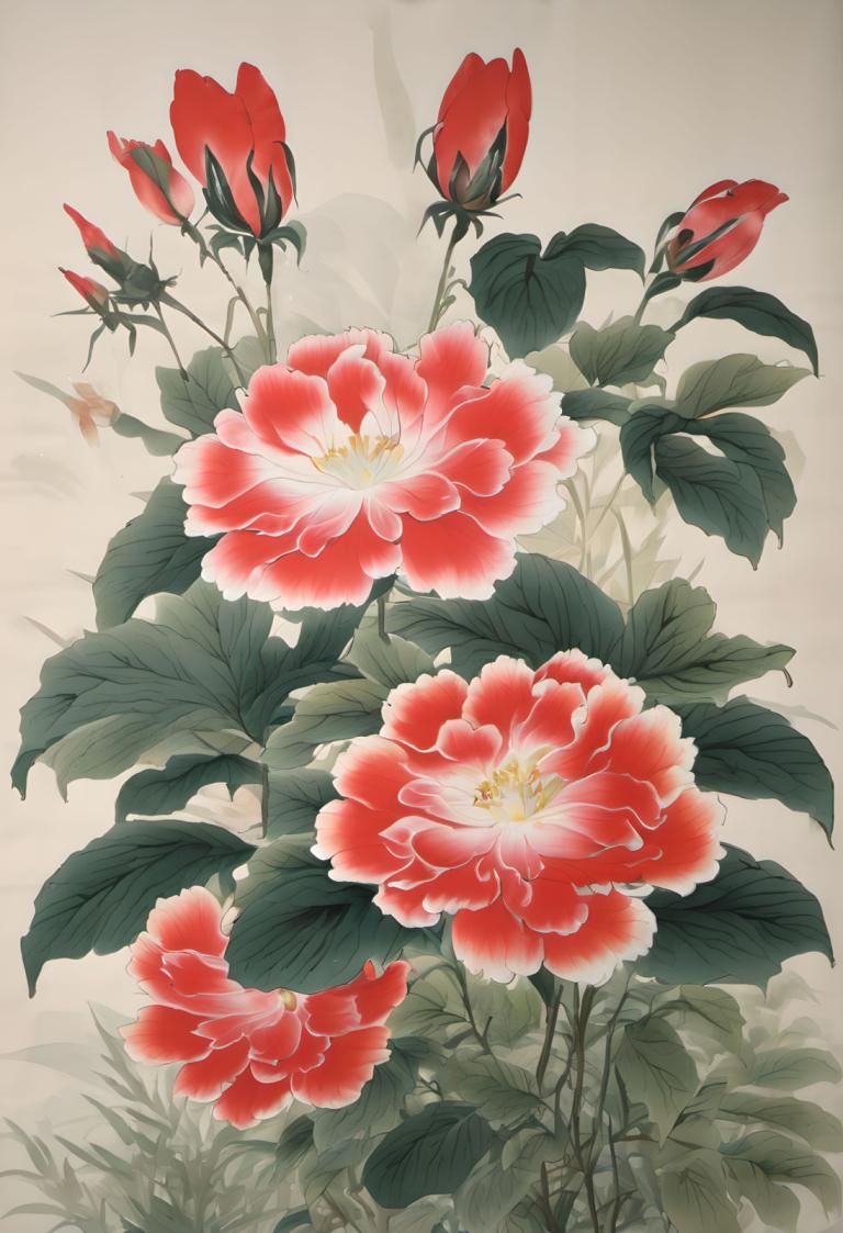 Chinese Paintings,Chinese Paintings, Nature, flowers, flower, no humans, leaf, red flower, still life, plant