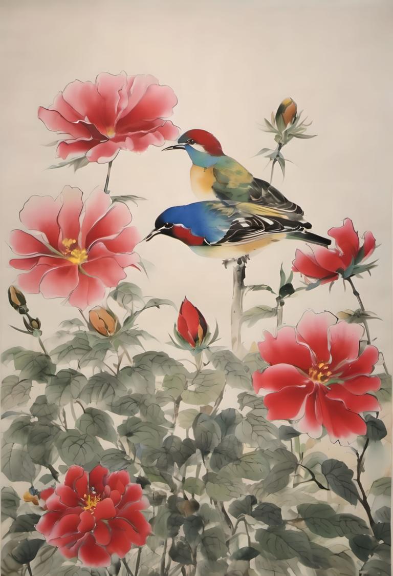 Chinese Paintings,Chinese Paintings, Nature, flowers, no humans, bird, flower, animal focus