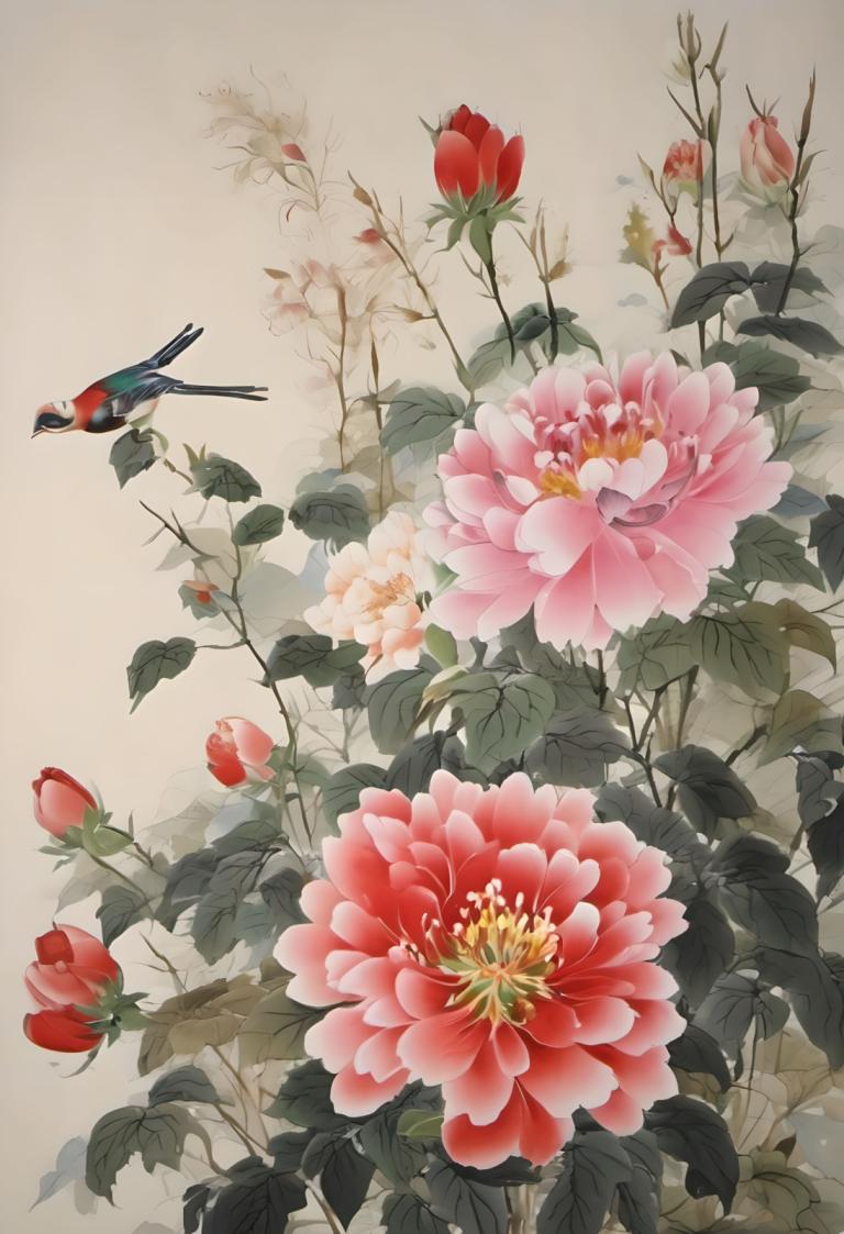 Chinese Paintings,Chinese Paintings, Nature, flowers, no humans, flower, bird, leaf, red flower, plant