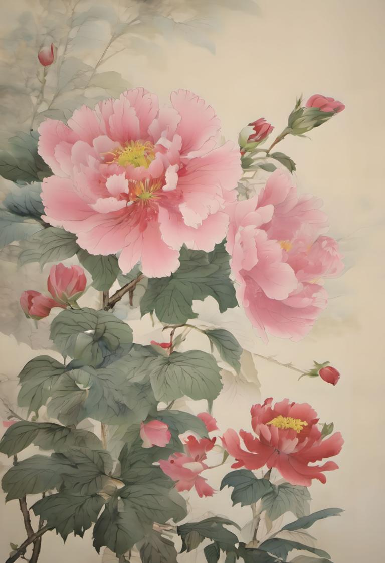 Chinese Paintings,Chinese Paintings, Nature, flowers, no humans, flower, still life, leaf, pink flower, plant