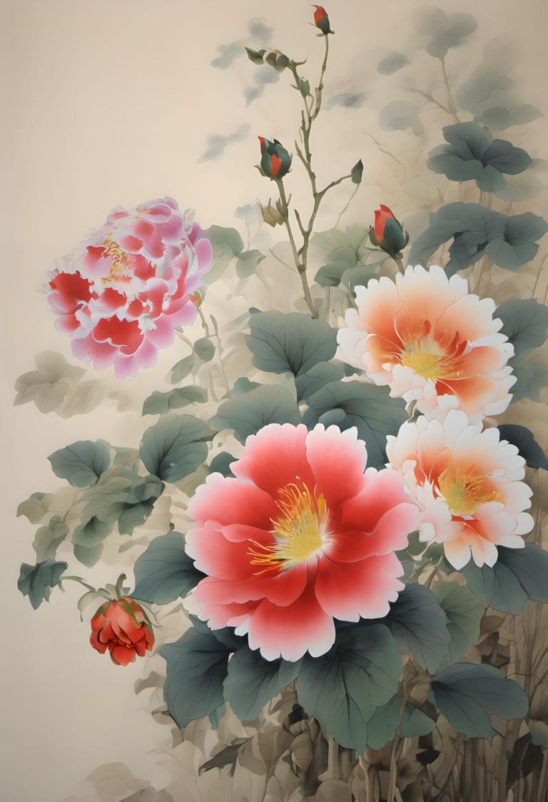 Chinese Paintings,Chinese Paintings, Nature, flowers, no humans, flower, still life, leaf, red flower