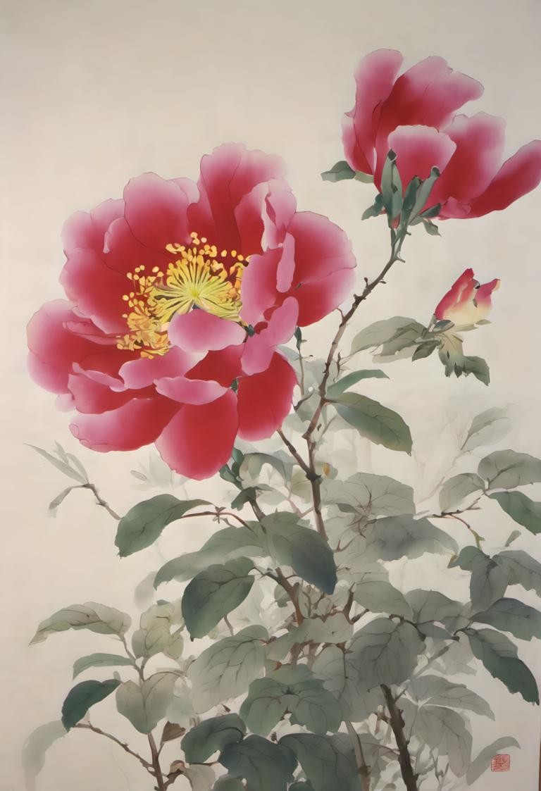 Chinese Paintings,Chinese Paintings, Nature, flowers, no humans, flower, still life, leaf, red flower, plant