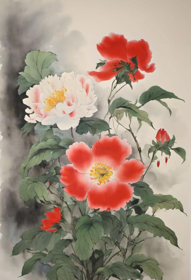 Chinese Paintings,Chinese Paintings, Nature, flowers, no humans, flower, leaf, still life, red flower