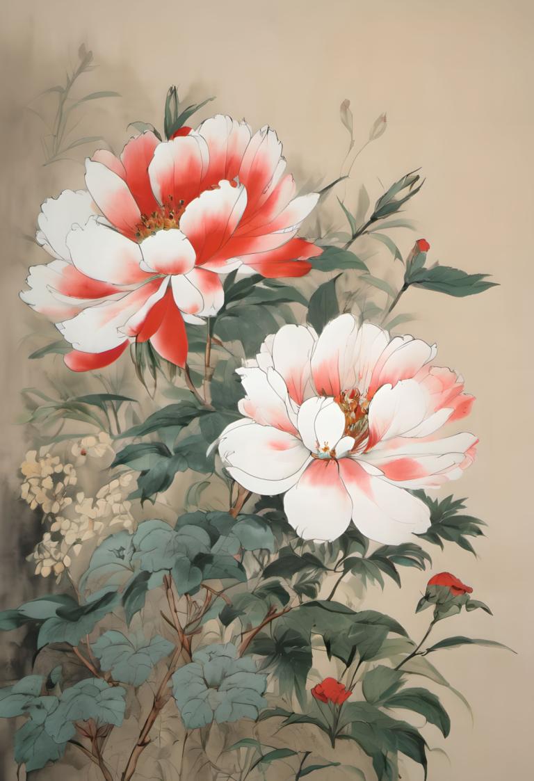 Chinese Paintings,Chinese Paintings, Nature, flowers, no humans, flower, still life, leaf, plant, red flower