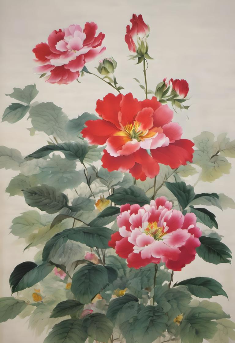 国画,国画, 自然, 花, 没有人类, 花, 叶子, 静物, 红花, 灰色背景, 简单的背景, 植物, 粉红色的花