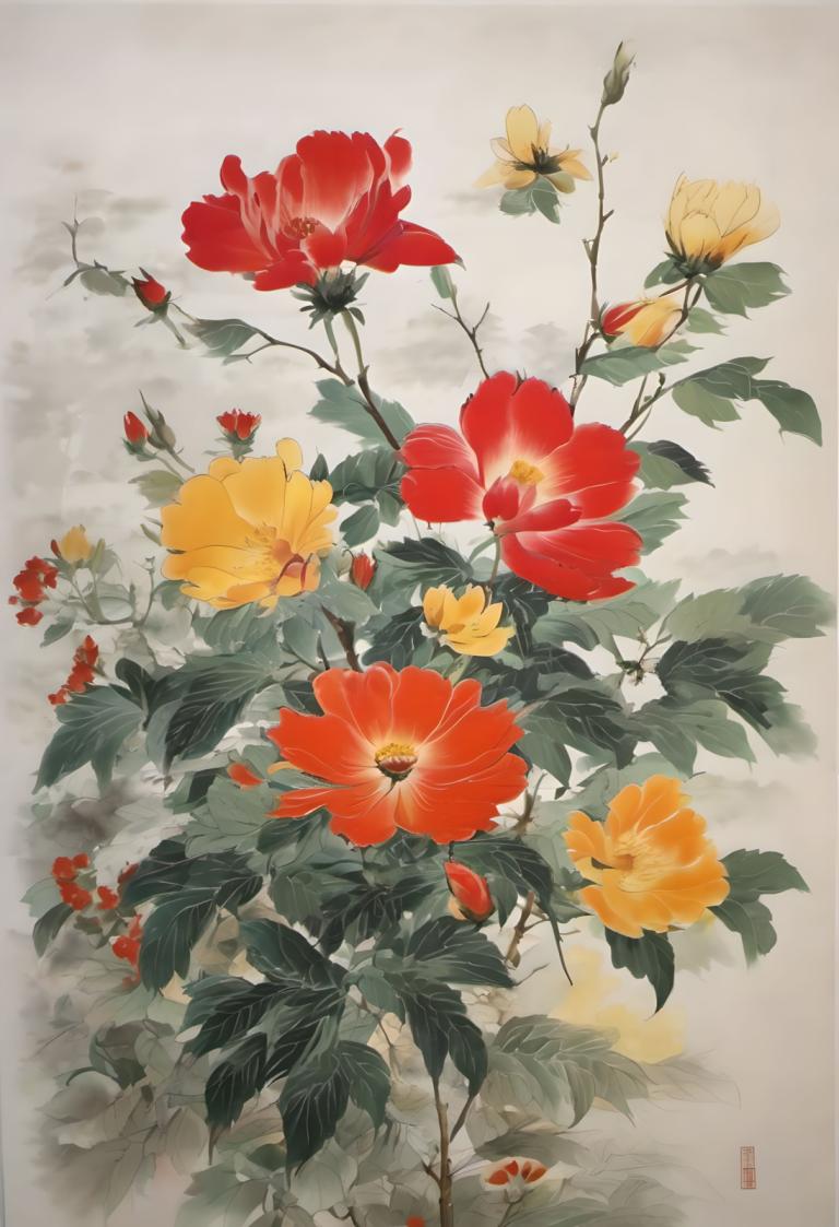 国画,国画, 自然, 花, 没有人类, 花, 红花, 叶子, 静物, 橙花, 黄花, 云, 风景, 植物, 签名